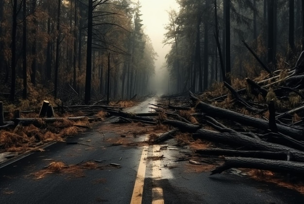 View of an asphalt road in the middle of a forest with trees collapsing due to a natural disaster generative ai