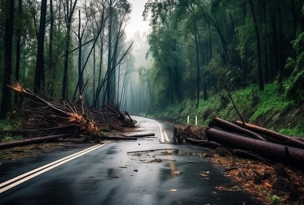 Foto vista di una strada asfaltata nel mezzo di una foresta con alberi che crollano a causa di un disastro naturale ai