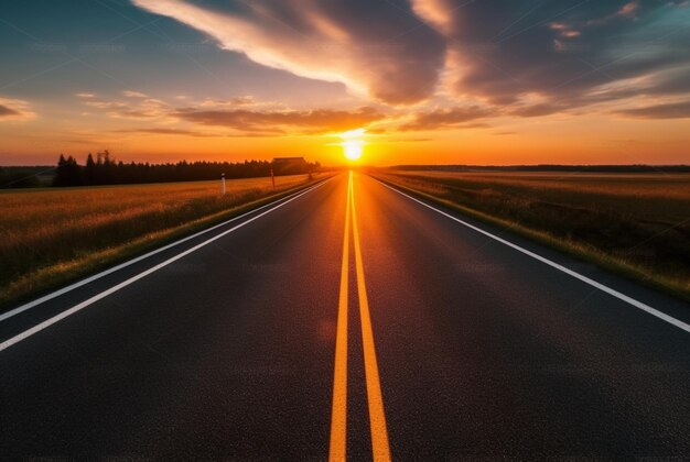 View of asphalt road with beautiful sunset in the evening generative ai