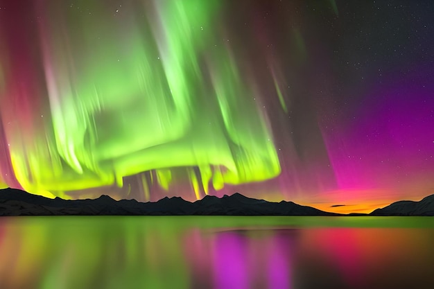 A view of the aurora borealis over a lake.