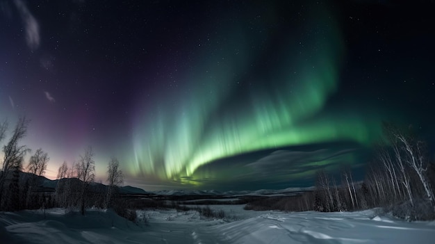 A view of the aurora borealis over a snowy landscape.