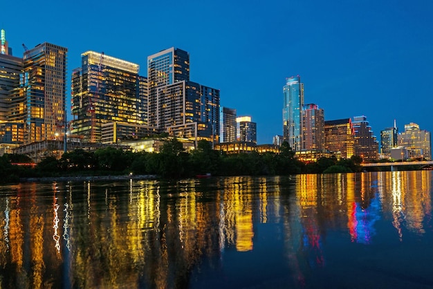 View of Austin, Texas in USA downtown skyline. Night sunset city.