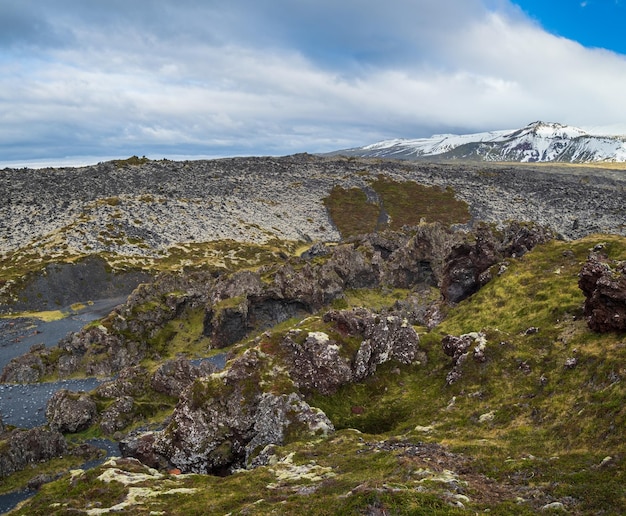 View during auto trip in West Iceland highlands Snaefellsnes peninsula Snaefellsjokull National Park view from spectacular Djupalonssandur black volcanic beach with lava rocks