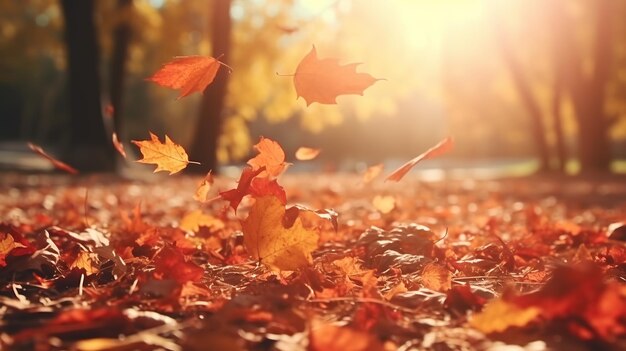 View of autumn maple leaves decorating the road and forest beautiful natural bokeh background colorful leaves wide panorama