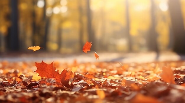 View of autumn maple leaves decorating the road and forest beautiful natural bokeh background colorful leaves wide panorama