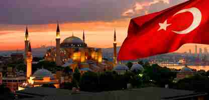 Photo view on ayasofya museum and cityscape of istanbul at sunrise, turkey