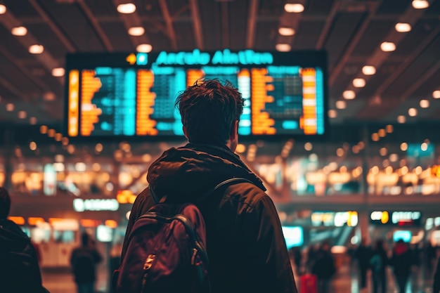 공항 의 스크린 에서 비행 을 보고 있는 뒷 사람 의 모습