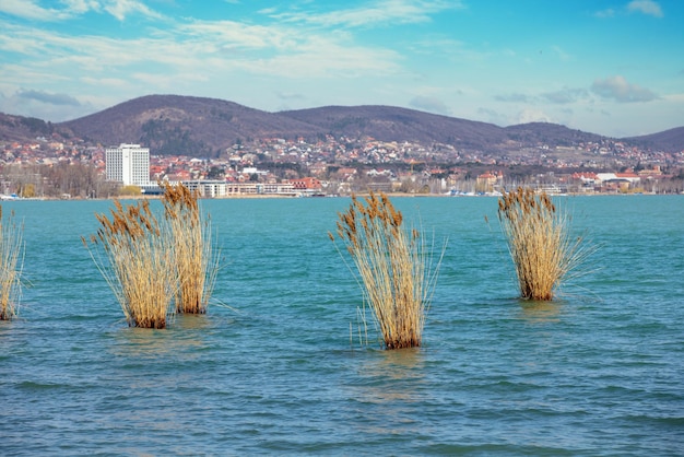 View of Balatonfured across Lake Balaton from the Tihany Peninsula Hungary Europe