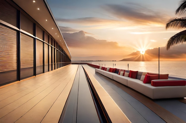 A view of a balcony with a couch and a sunset in the background