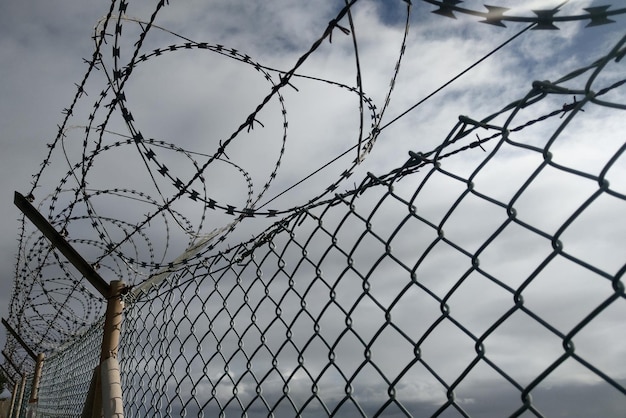 View of the barbed wire fence at the border of countries