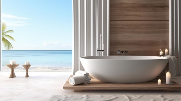 View of bathtub with side table and towel on sea view