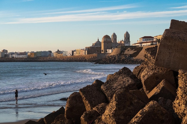 View of the bay of the city of Cadiz with its beach in the foreground