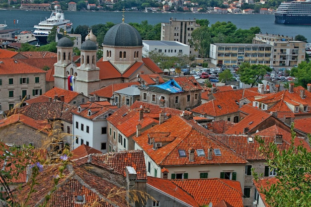 view over the Bay and the red roofs of the old town of Kotor