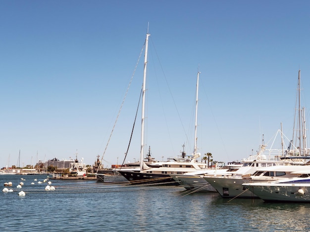 View of the bay with moored yachts in the port