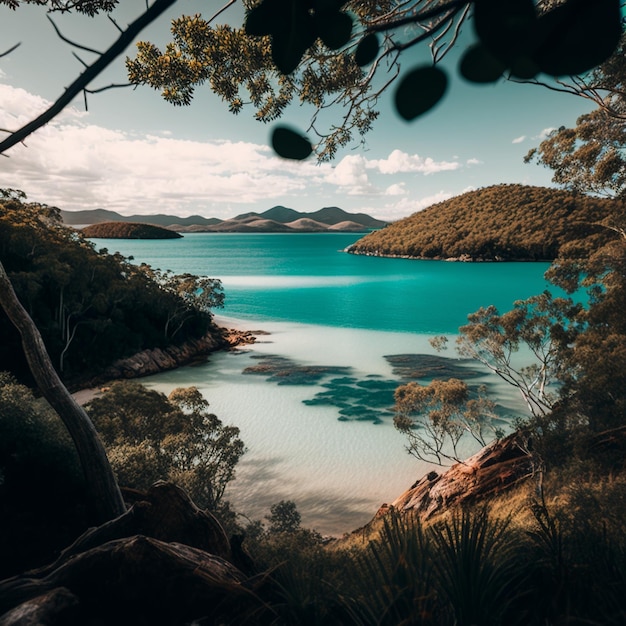 A view of a bay with trees and mountains in the background