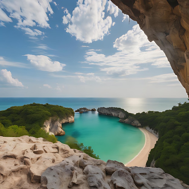 Photo a view of a beach from a cave with a view of the ocean