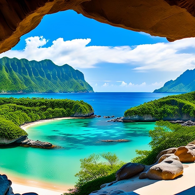 A view of a beach from a cave