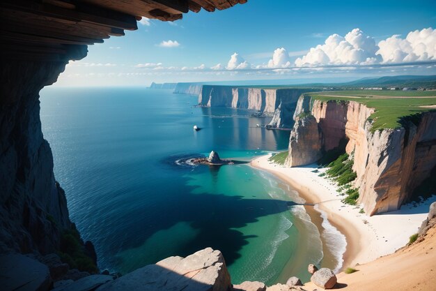 A view of a beach from a cliff