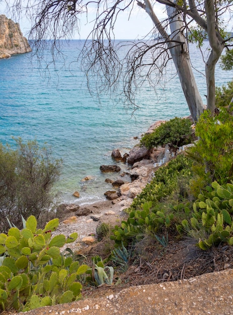 View of the beach and the sea in the resort town of Tolo in the Peloponnese in Greece