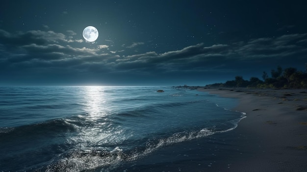 a view of a beach with a full moon and a body of water generative ai