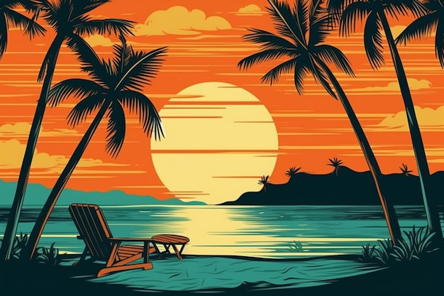 a view of a beach with palm trees and a chair generative ai