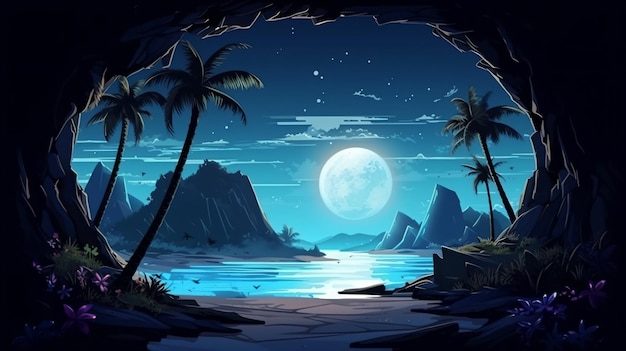 a view of a beach with palm trees and a full moon