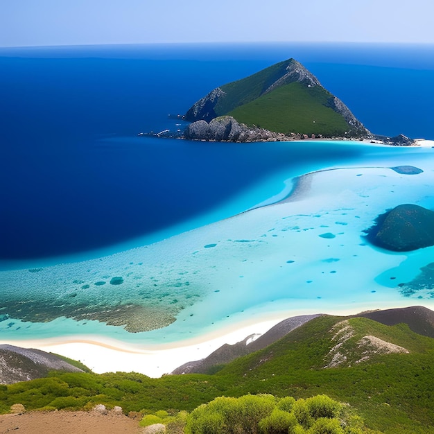 A view of a beach with a small island in the middle of it