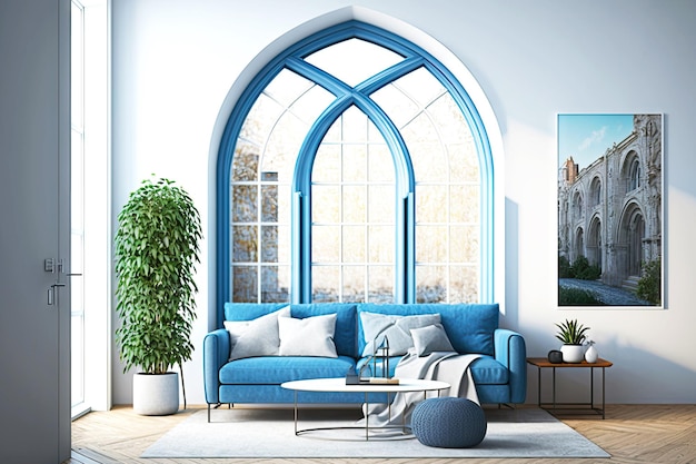 벽에 큰 아치가 있는 아름다운 파란색 아치형 창문의 전망