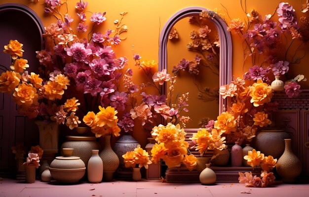 View of Beautiful flowers and vases of different colors to decorate the house on a table