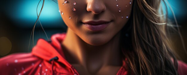 View of beautiful girl in drop of water on face generative ai