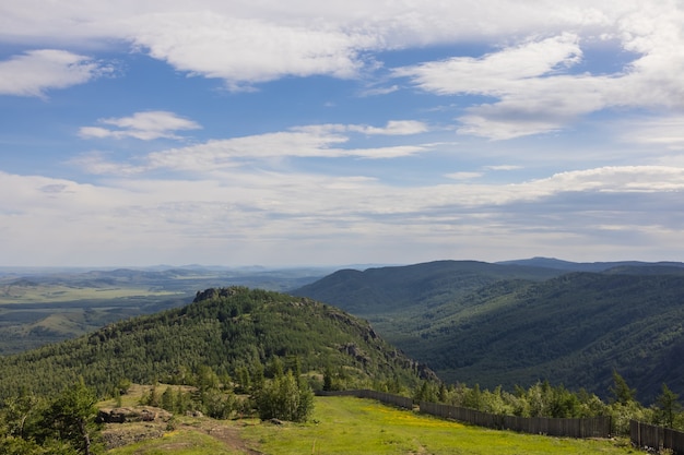 Above view of beautiful lake in summer in ural region, bashkortostan, russia.