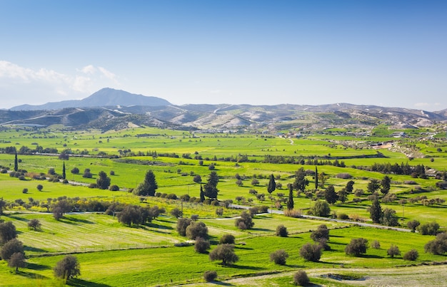 View of beautiful landscape with fresh green meadows and snow-capped mountain tops in the background on a sunny day with blue sky and clouds in springtime.