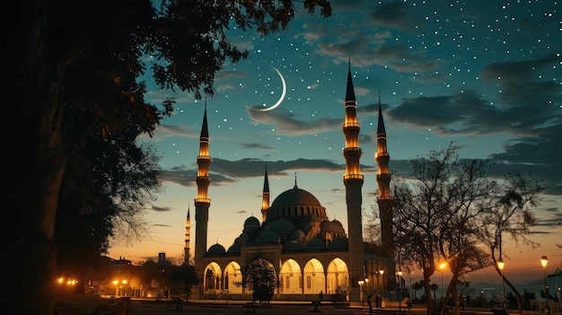 View of Beautiful mosque under the crescent shaped moon at night of ramadhan