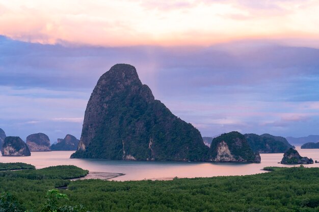 View of beautiful mountain island at Sametnangshe viewpoint with evening twilight sky, Thailand 