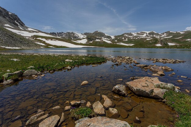 view of a beautiful mountain landscape with a lake