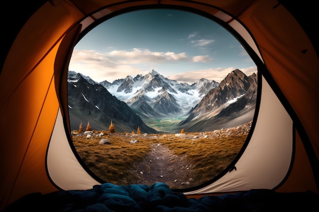 View on the beautiful mountains from the camping tent