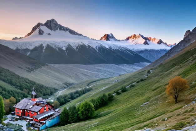 Photo view of beautiful mountains landscape with blue sky and clear weather