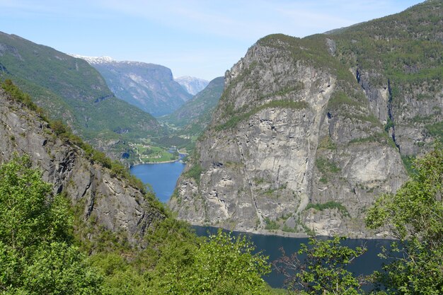 View of beautiful norwegian fjord with foresty cliifs .