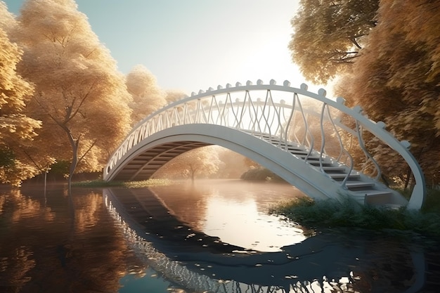 View on beautiful park in springtime with roamantic white bridge Neural network AI generated