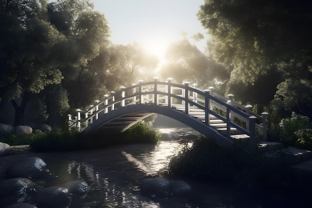 View on beautiful park in springtime with roamantic white bridge Neural network AI generated