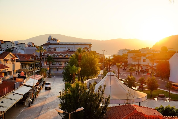 View of beautiful resort city at sunrise