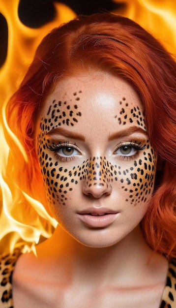Foto vista di una bella giovane donna con il viso stampato da leopardo