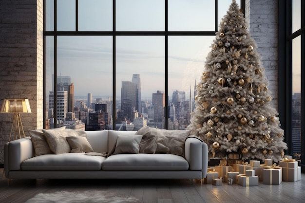 View of beautifully Christmas room decoration with gifts