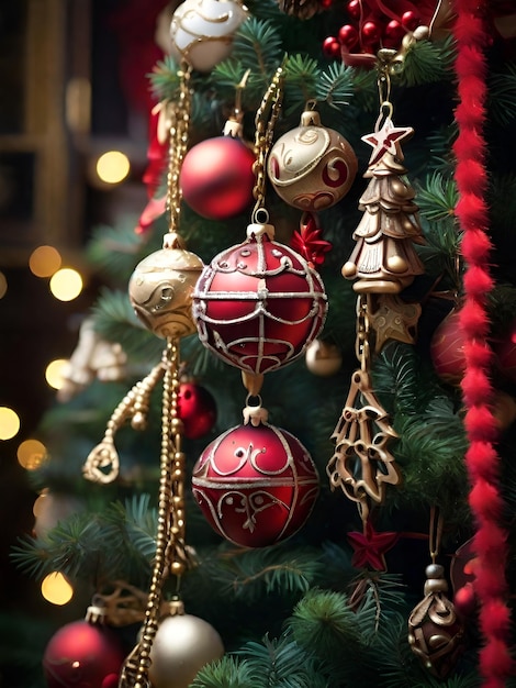 View of beautifully decorated christmas tree close up of decorative Christmas tree