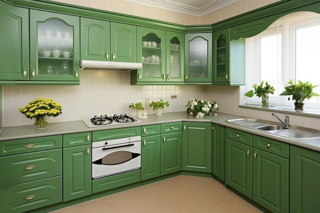 Foto la vista di una cucina verde splendidamente decorata