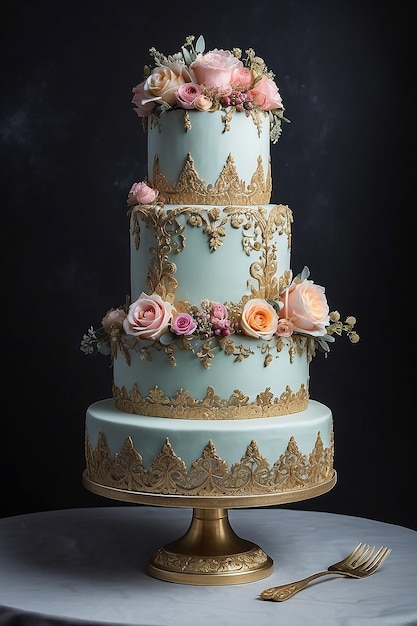 View of beautifully ornate weeding cake