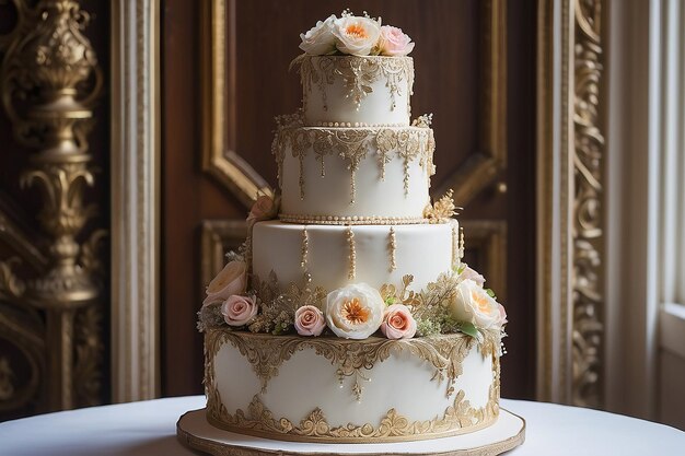 View of beautifully ornate weeding cake