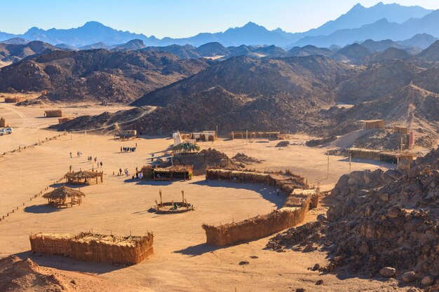 View on bedouin village in Arabian desert Egypt