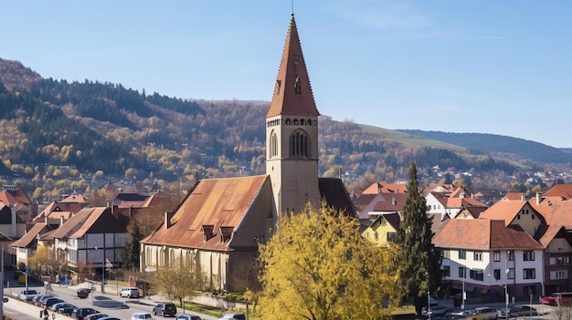 Photo view of the bell tower of the black church in old brasov centre romania