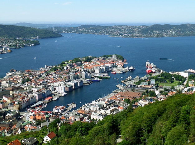 view of Bergen Harbor and the Cityscape as Seen from Mt, Floyen in Bergen, Hordaland, Norway